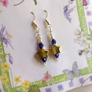 Handmade blue and gold beaded earrings